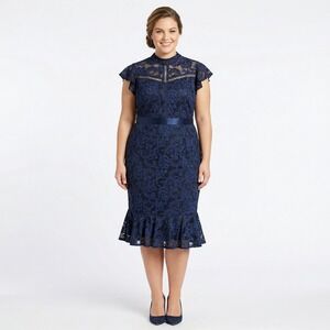Miusol Womens Navy Blue Floral Lace Mock Neck Ruffle Mermaid Midi Dress 2XL